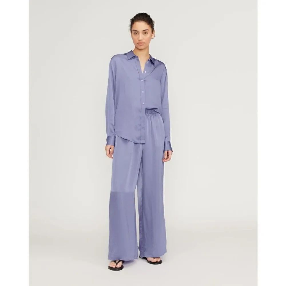 Everlane Blue High Rise Wide Leg Smocked The Satin Pull On Pant Small NWT